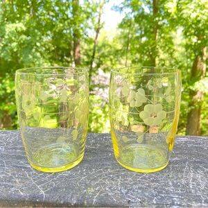 Yellow etched glass juice glasses translucent with flowers vines leaves two 8 oz